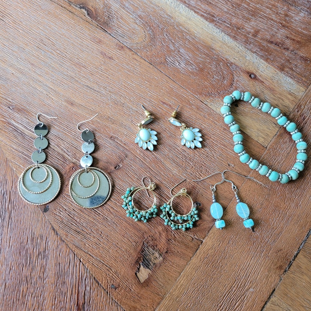 Boho Beaded‎ Hoop Earrings Set Bracelet Gold Silver Tone Turquoise Blue